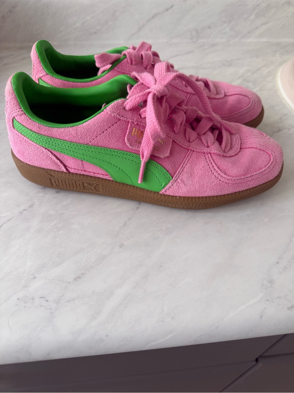 Puma Pink Suede Sneakers with Green Formstripe